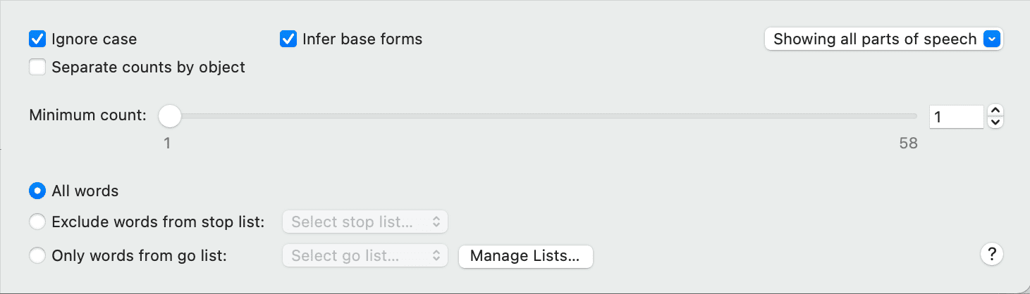 Word Cloud / List options