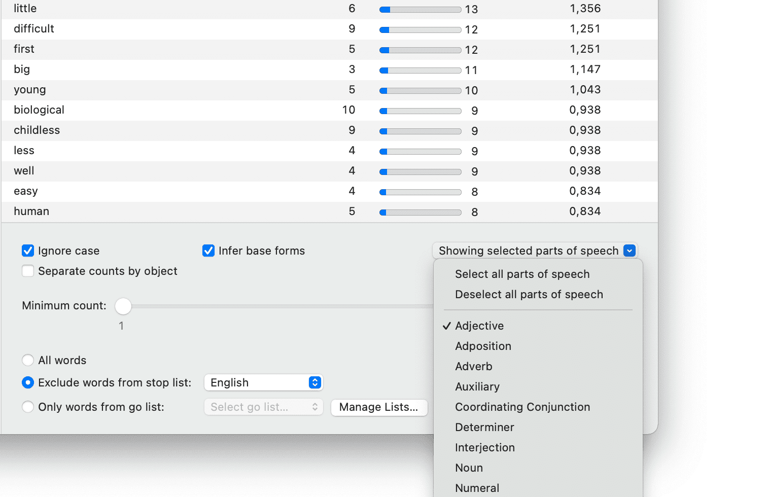 Filter lists by parts of speech