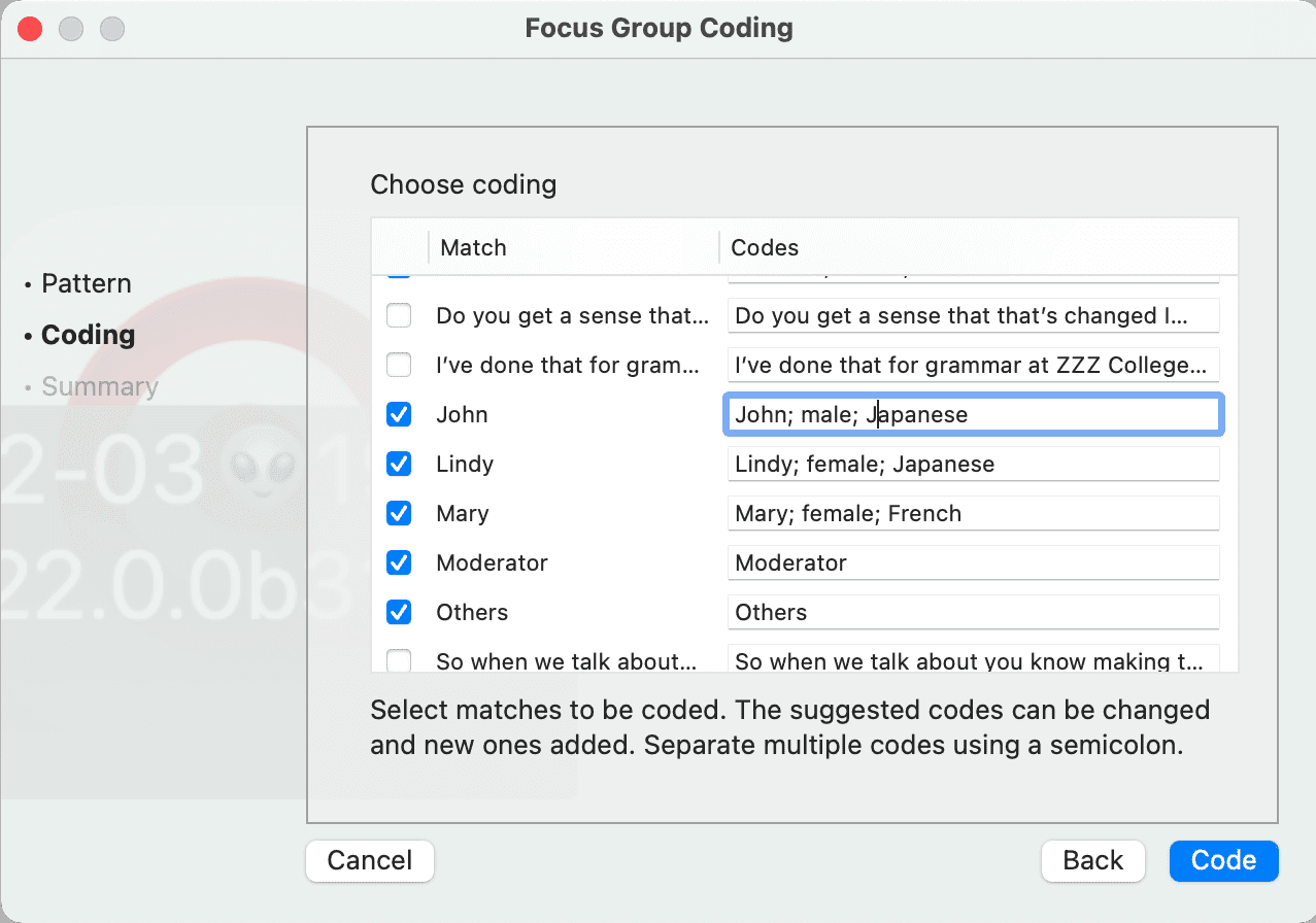 Focus Groups: Select what should be coded and add further codes