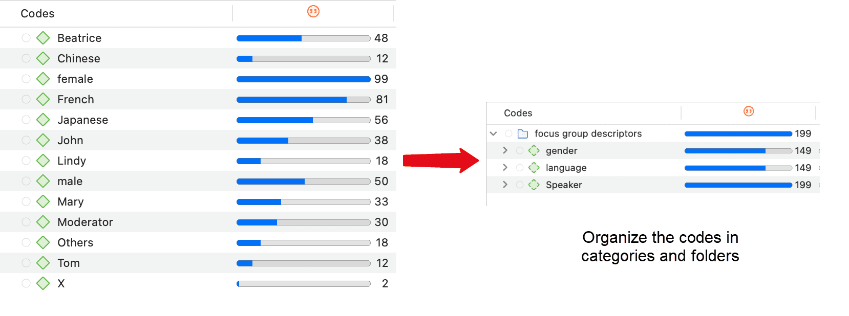 Organizing focus groups into the hierarchical code structure