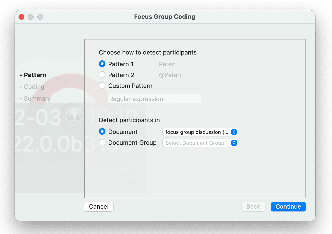 Select pattern for focus group coding