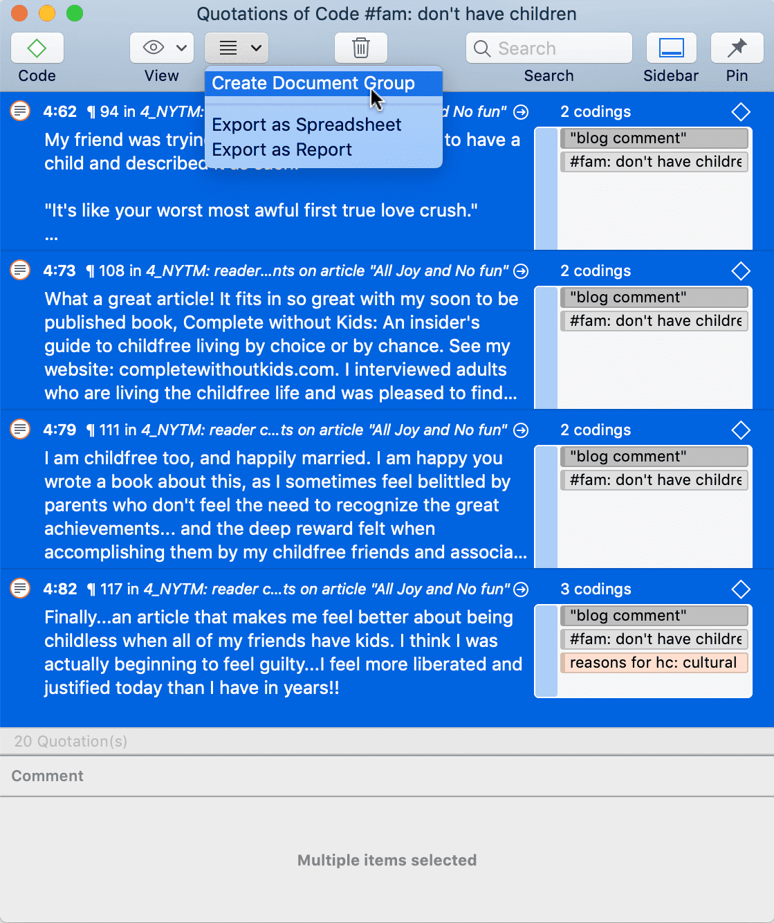 Creating groups in Quotation Reader