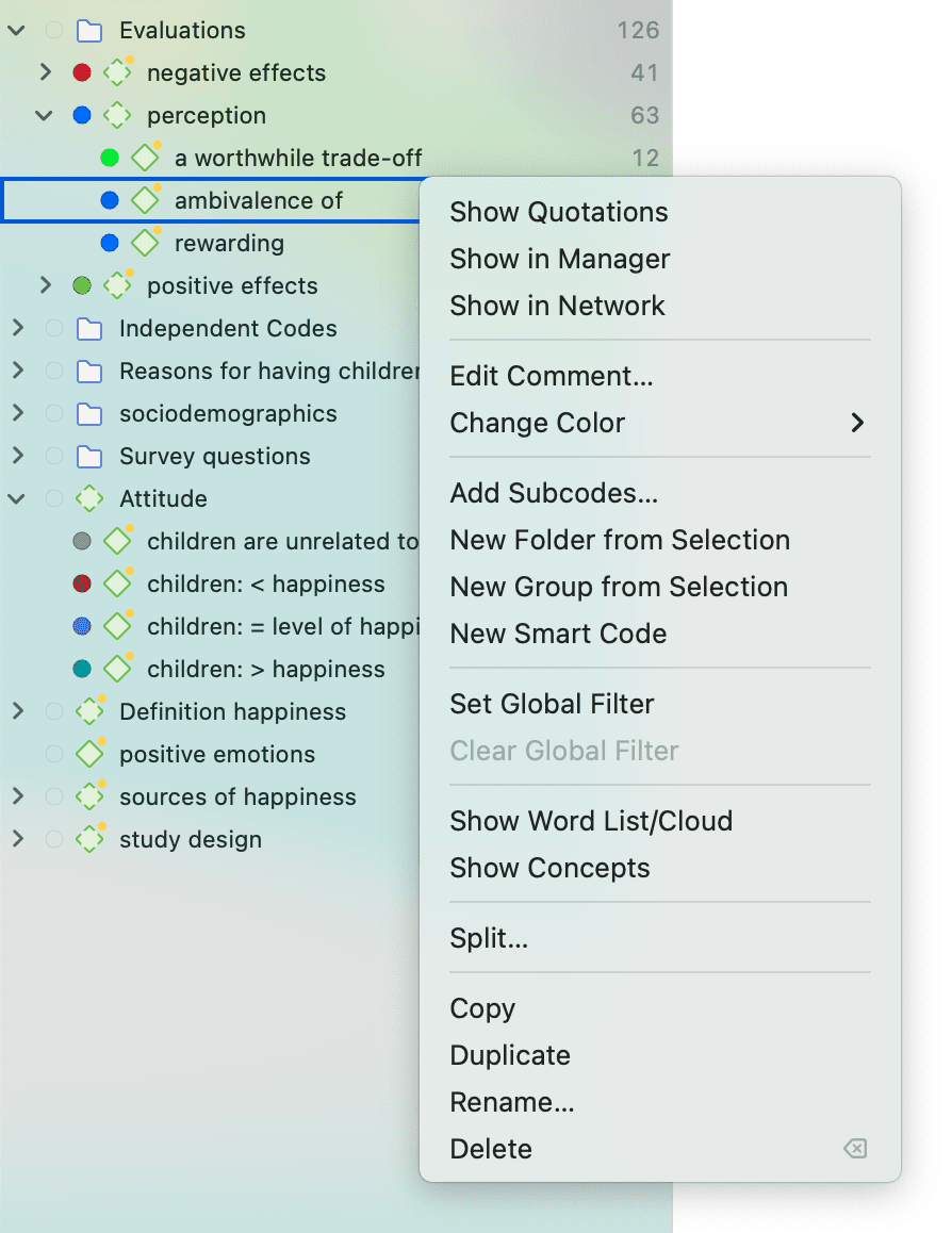 Context menus in ATLAS.ti