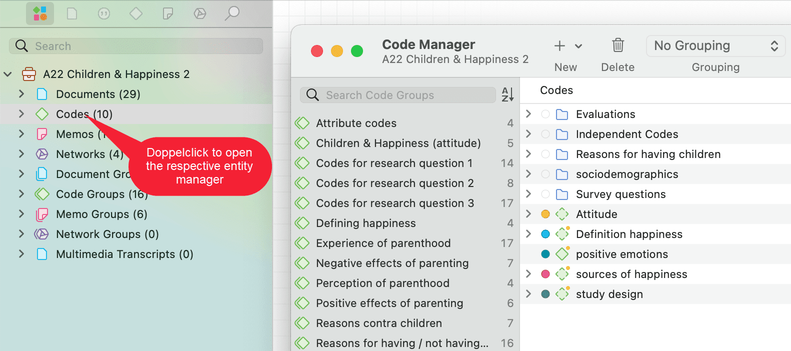 Double-click to open a manager