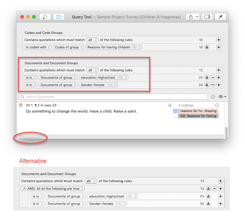 Restricting a code query to a combination of document groups