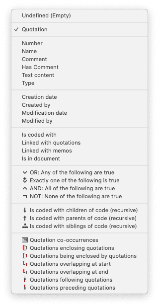 List of filters and operators in the Quotation Manager