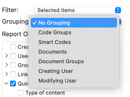 Grouping option for code reports