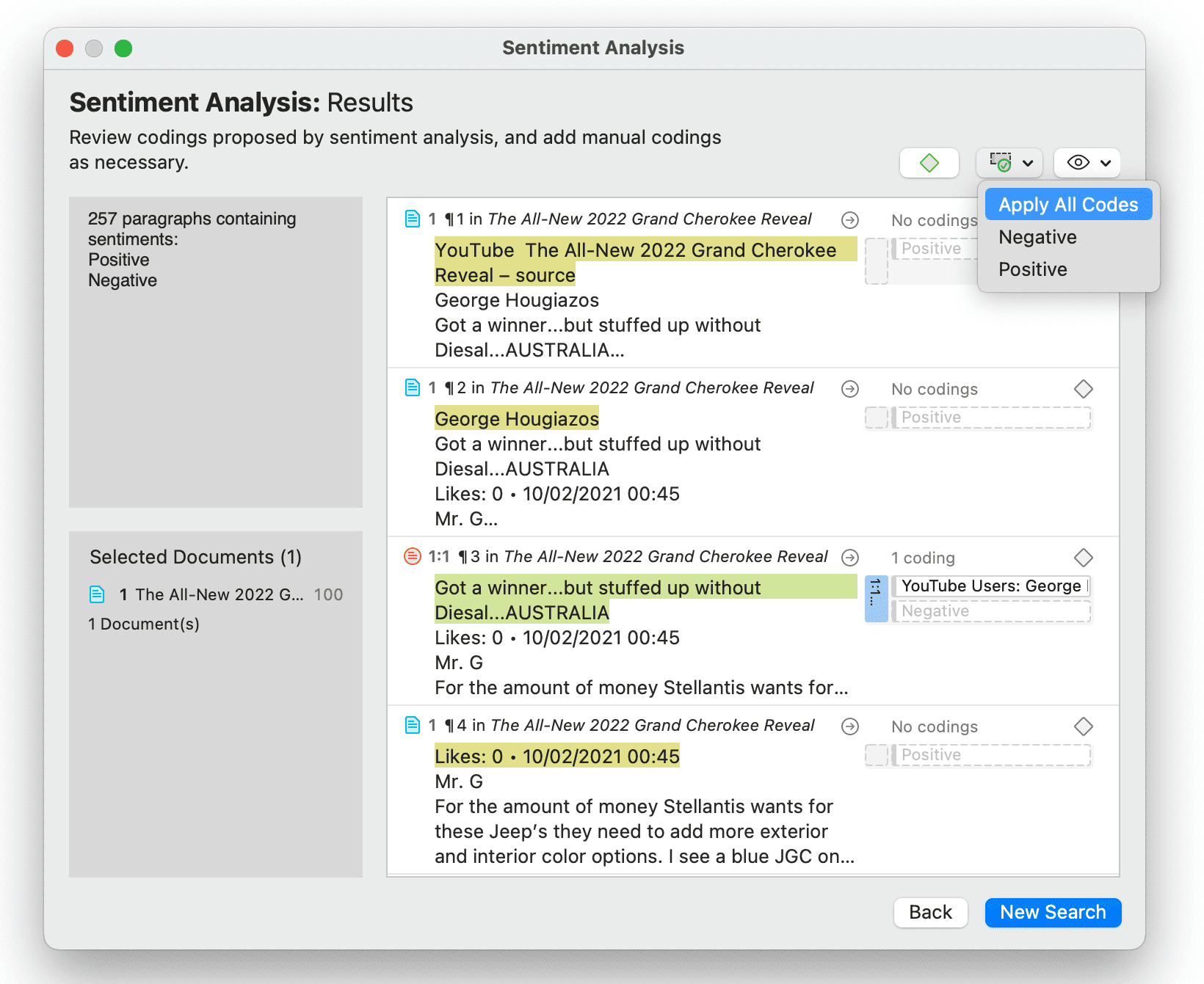 Review results of the sentiment analysis and auto code