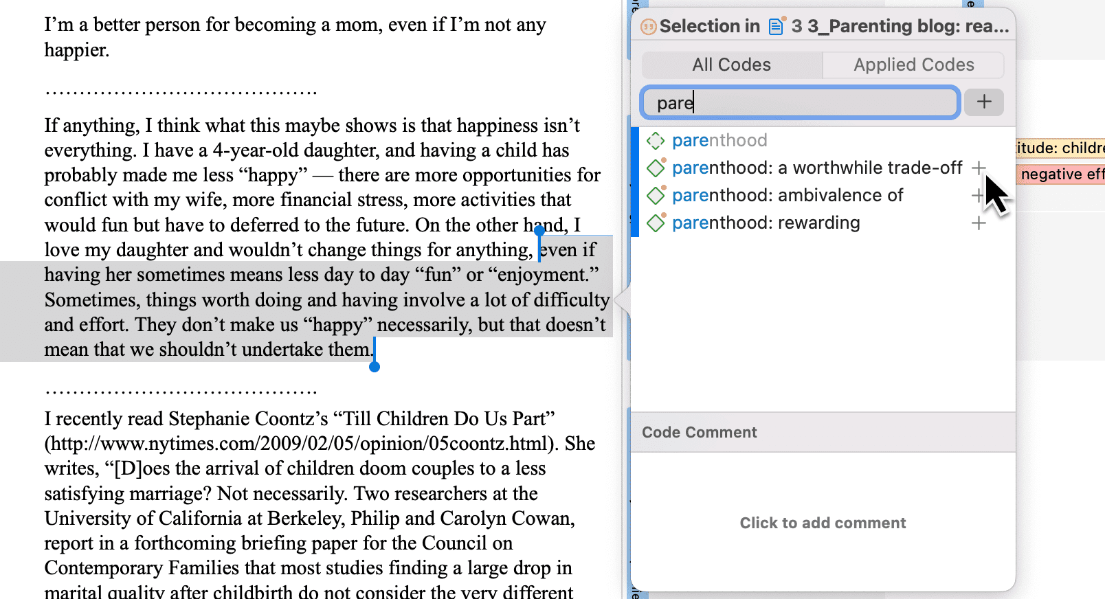 Applying an existing code