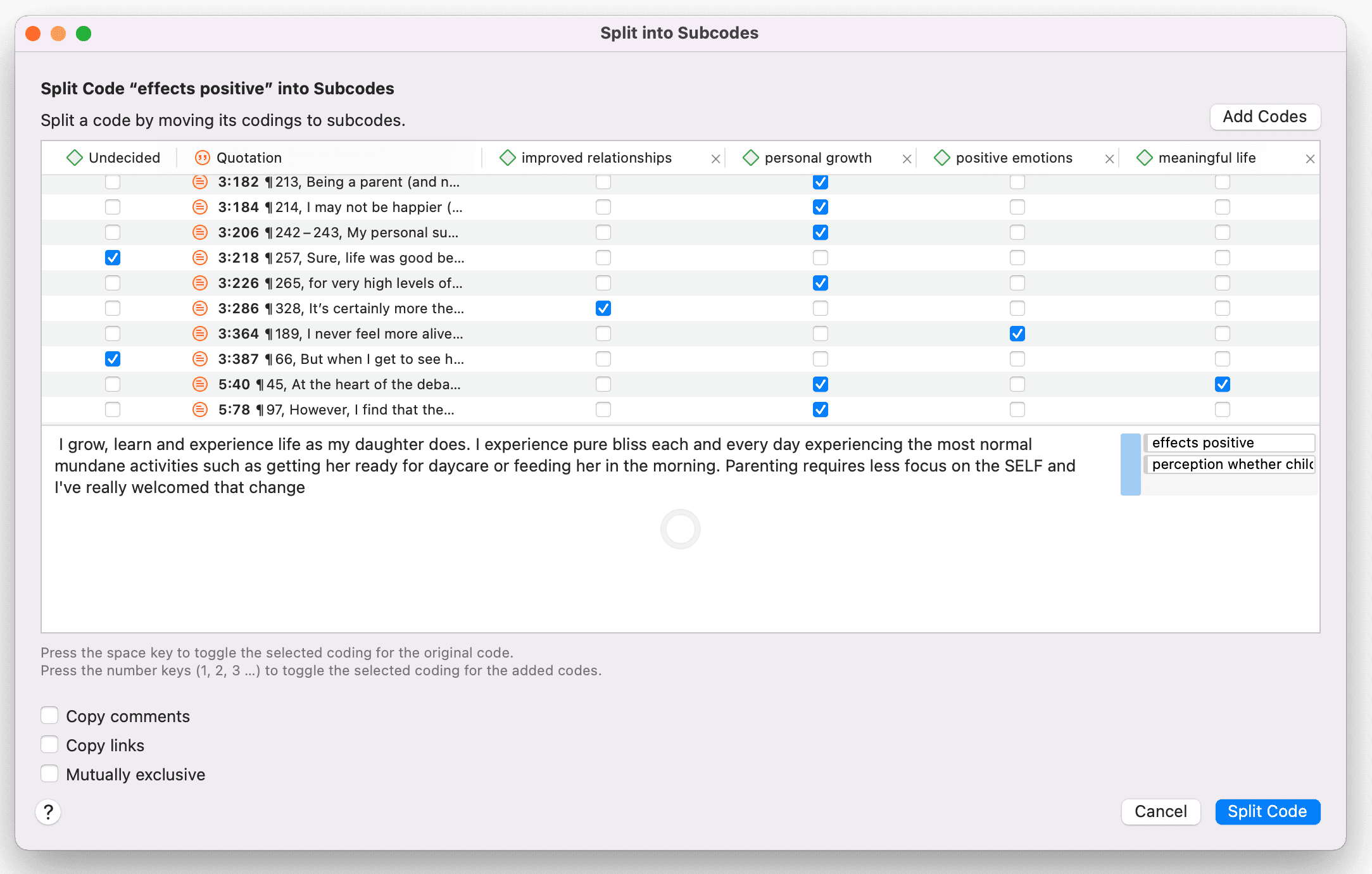 Split into subcodes