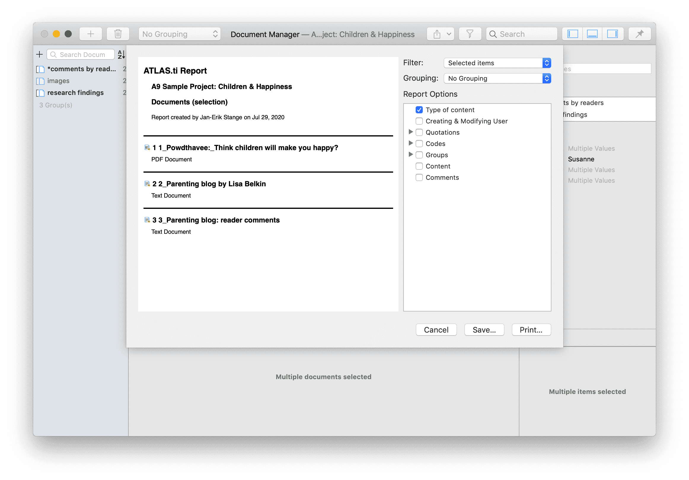 Report options
