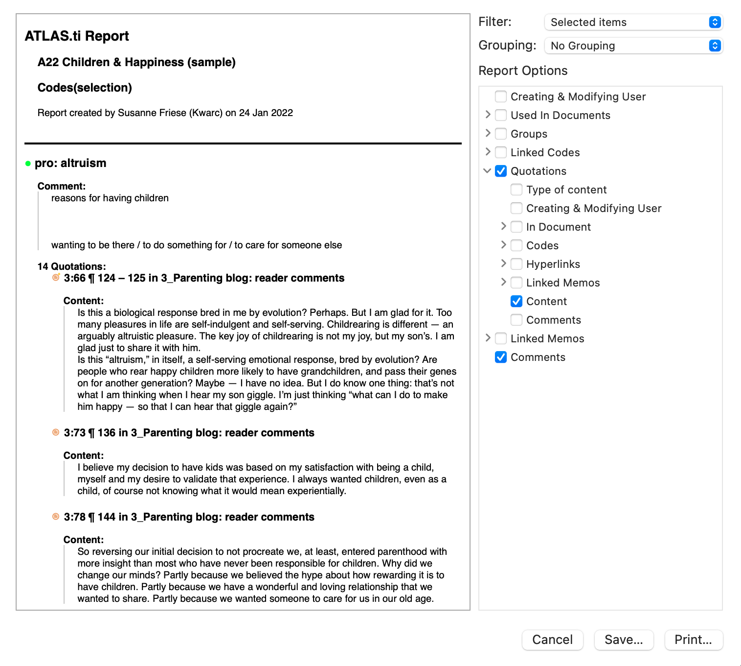 Selecting the content for the reports