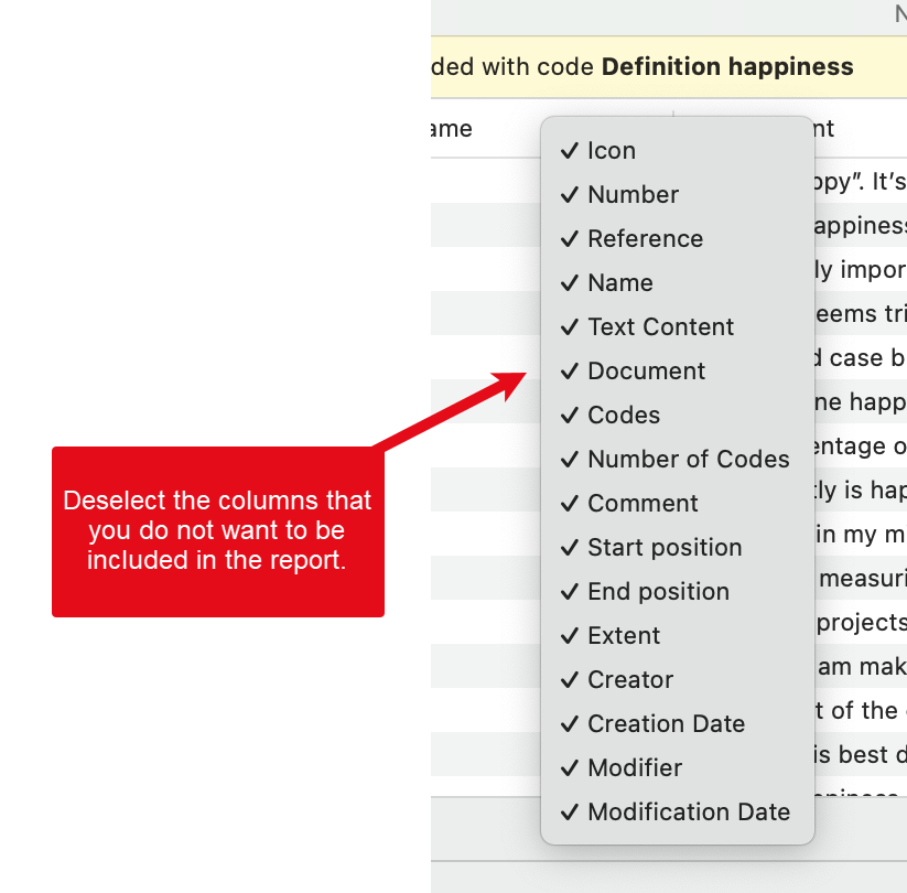 Select content for report