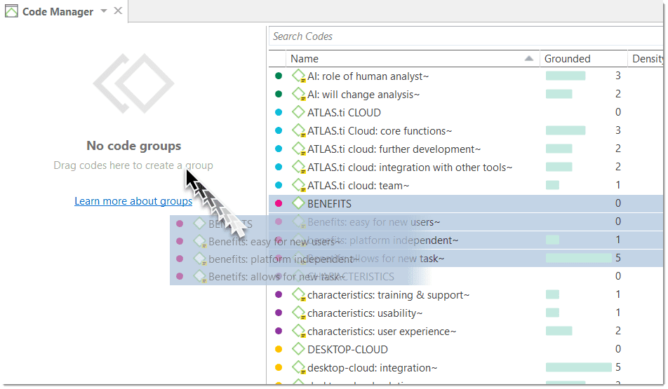 Creating a code group via drag & drop