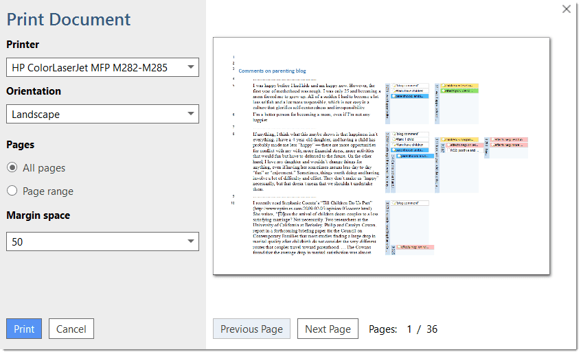 Print with margin dialog