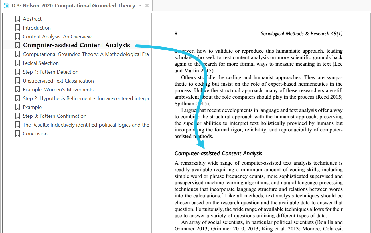 Navigate PDF documents using bookmarks