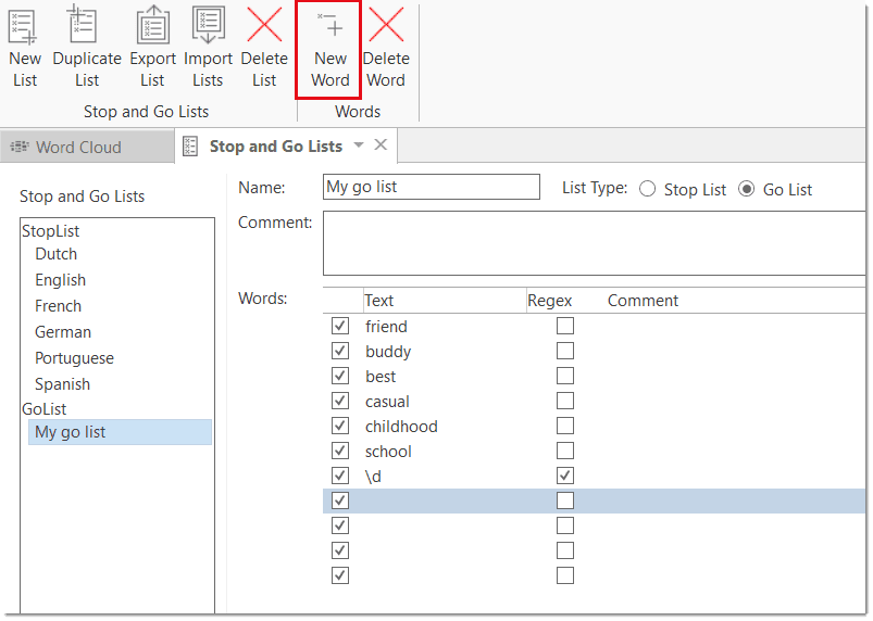 Add words to a stop or go list