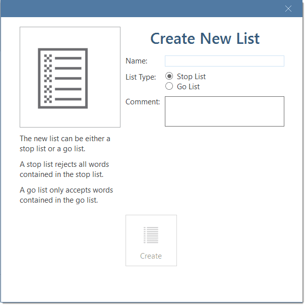 Enter a name for the new stop or go list