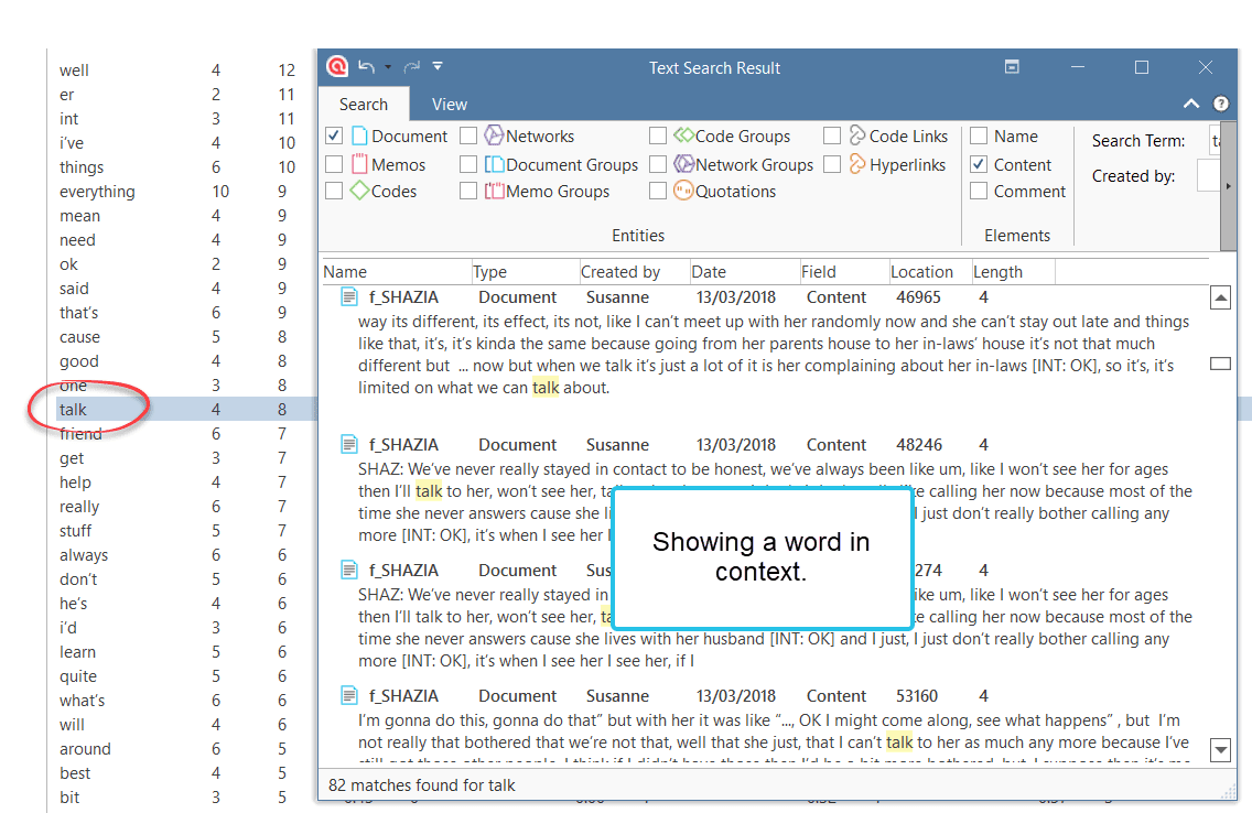 Showing a word in context