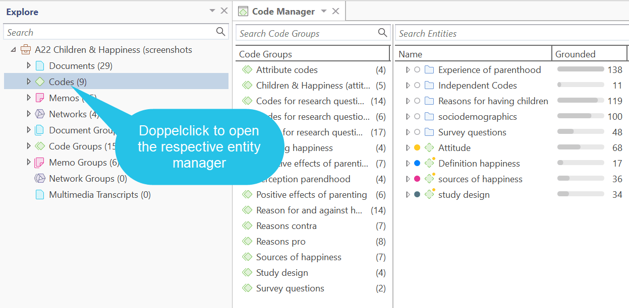 Double-click to open a manager