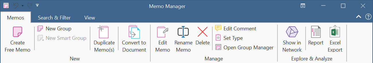 ATLAS.ti Memo Manager ribbon