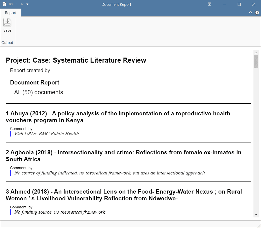 Report of documents with comments