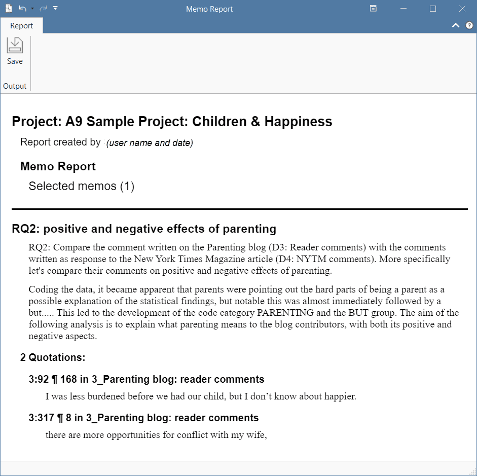 Report of a memo with linked quotations
