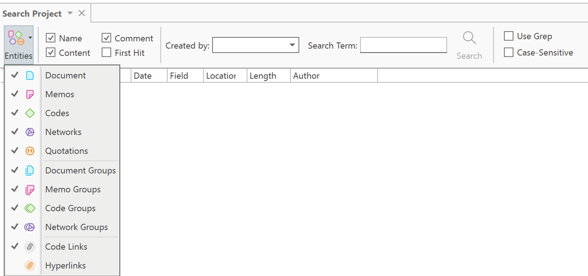 Menú de entidades Buscar en el proyecto de ATLAS.ti
